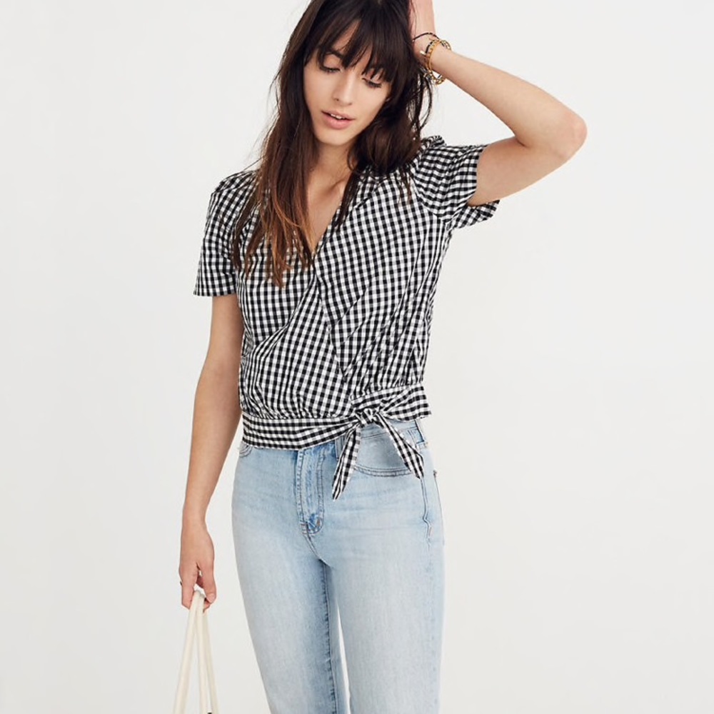 Madewell Black & White Gingham Wrap Tie Short Sleeve Top